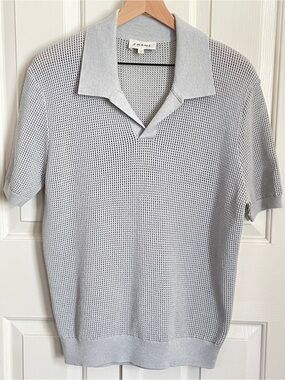 FRAME Denim Men's Sweater Open Weave Mesh Knit Polo Shirt, Grey Blue Sample